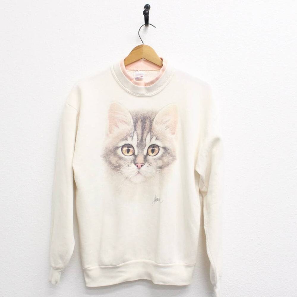 Vintage 80s Kitty Cat Sweatshirt Women’s Medium White Cat Lover Crewneck